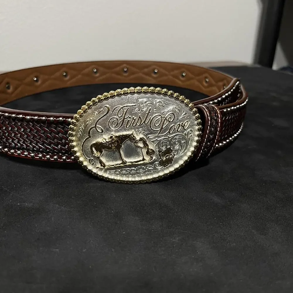 Montana Silversmiths Belt 34 Brown Tooled Western First Love Horse Rodeo Buckle